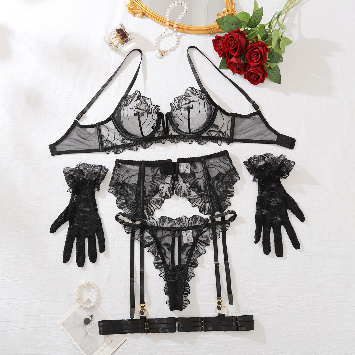 MidnightGlam Floral Lace Cut Out Sexy Bra & Panty Lingerie Set
